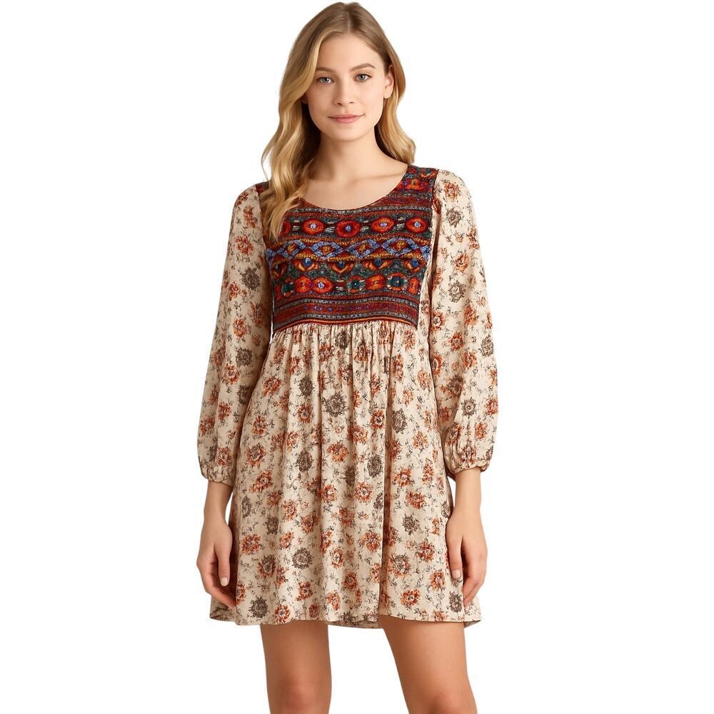 Umgee Boho Southwest Peasant Dress Cream Floral Size Small Aztec